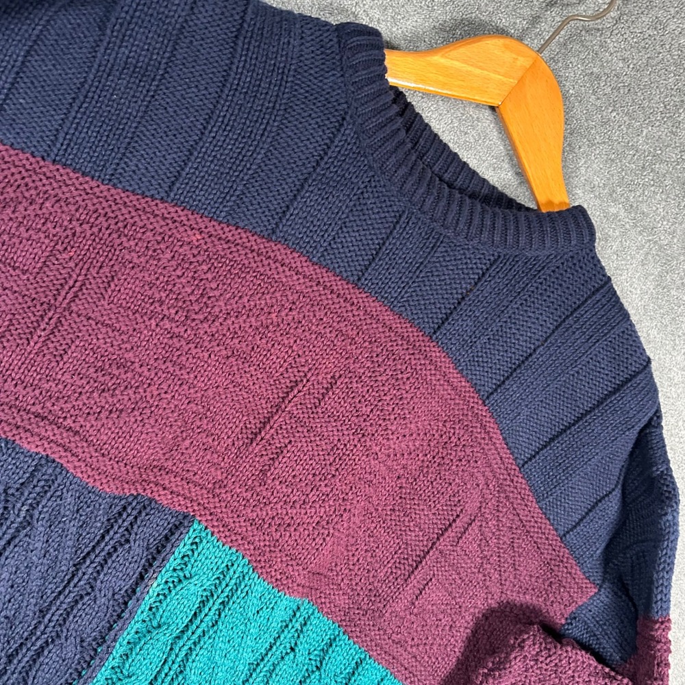 VTG Eddie Bauer Cable Knit Sweater Colorblock Navy Teal Burgundy Men XL Made USA - Picture 9 of 13